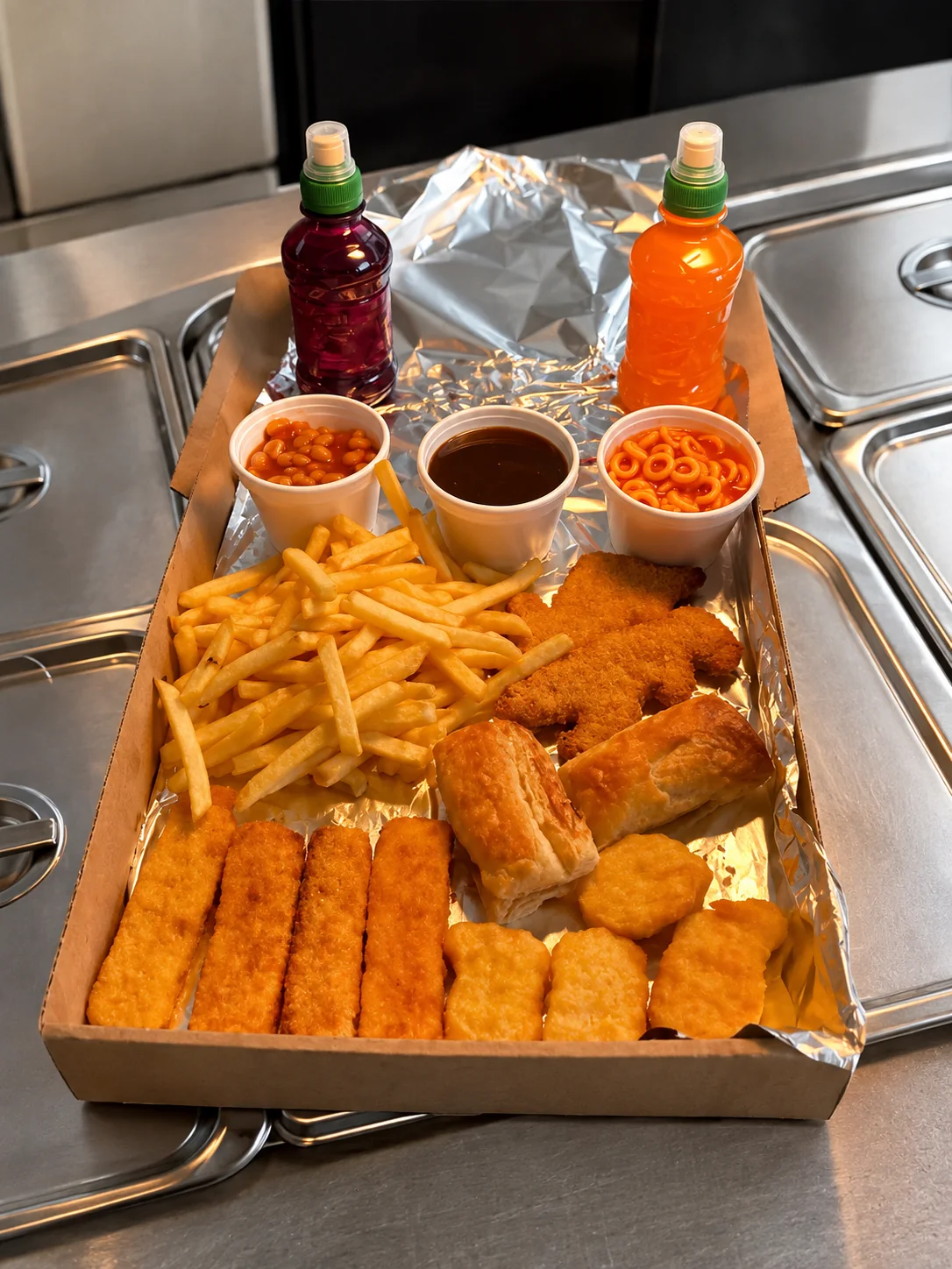 Children's takeaway box with chips, nuggets, sausages and sauces