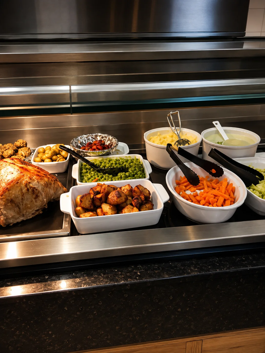 Hot food counter with roast meat, potatoes, peas and carrots